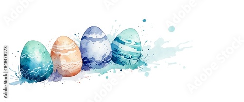 Blue watercolor illustration with easter eggs, abstract background.