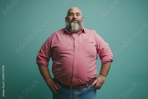 Fat bald with gray beard senior man in jeans and pink shirt stands straight, holds hands on belt, posing in studio against pale turquoise background. Concept of overweight in men