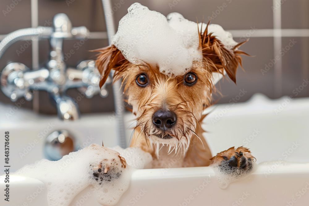 Dog taking bath with shampoo and bubbles Dog taking bath with shampoo and bubbles