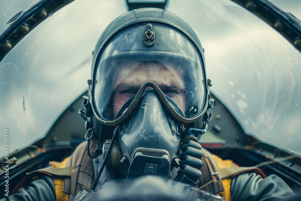 WWII Fighter Pilot in Helmet Ready for Battle in Airplane - Capturing the Intensity of War in Stunning Imagery WWII Fighter Pilot in Helmet Ready for Battle in Airplane - Capturing the Intensity of War in Stunning Imagery