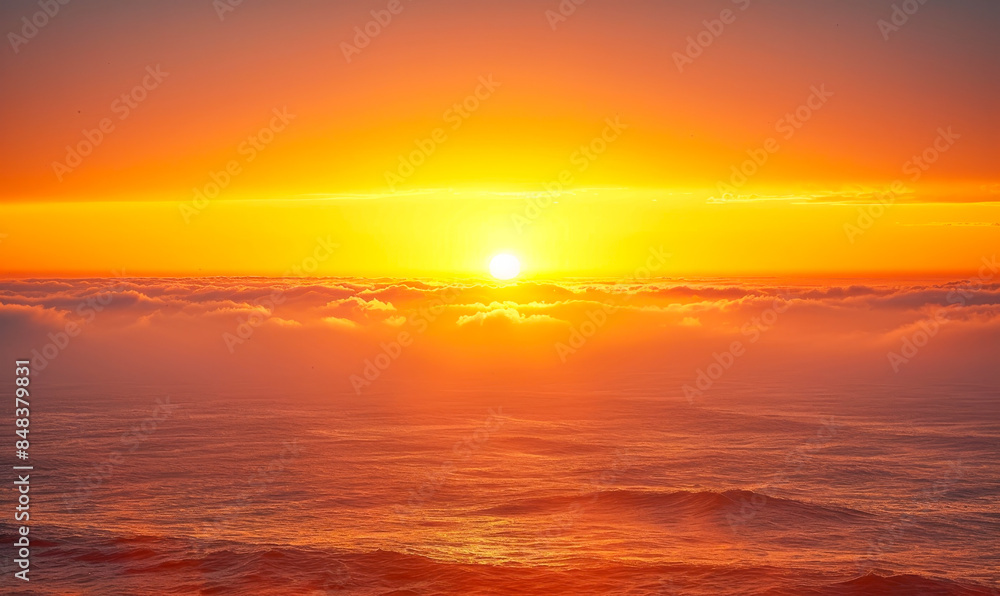 Fototapeta premium Golden Sunset Over Pacific Ocean with Vibrant Sky and Tranquil Waters, Perfect for Relaxation and Nature Concepts