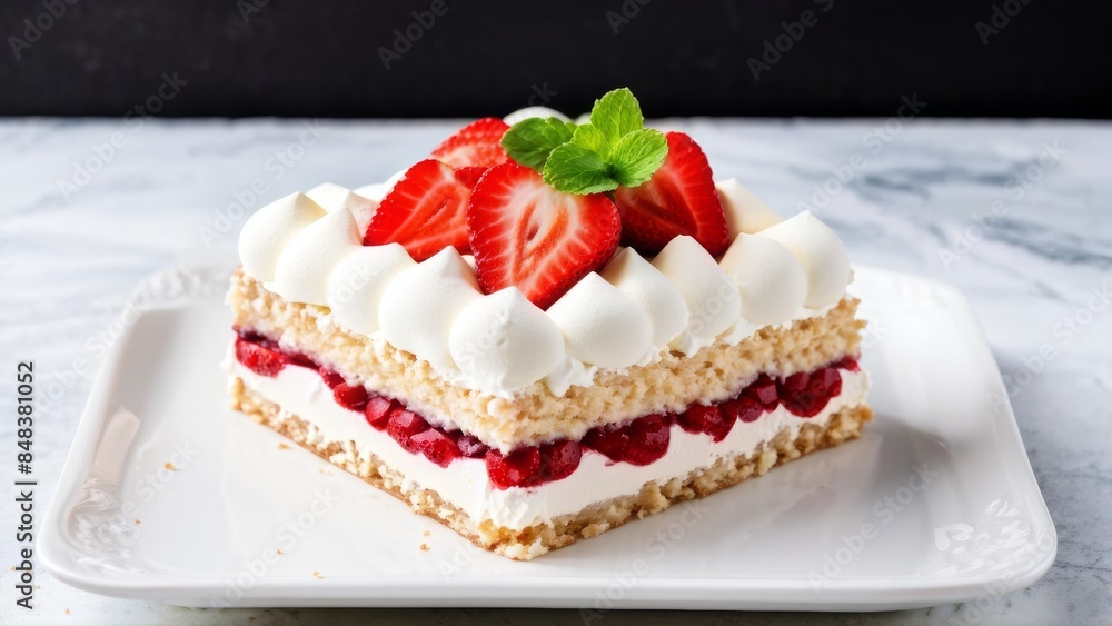 A square-shaped protein cake baked with whipped meringue, smeared with cottage cheese cream and strawberry slices. A square-shaped protein cake baked with whipped meringue, smeared with cottage cheese cream and strawberry slices.