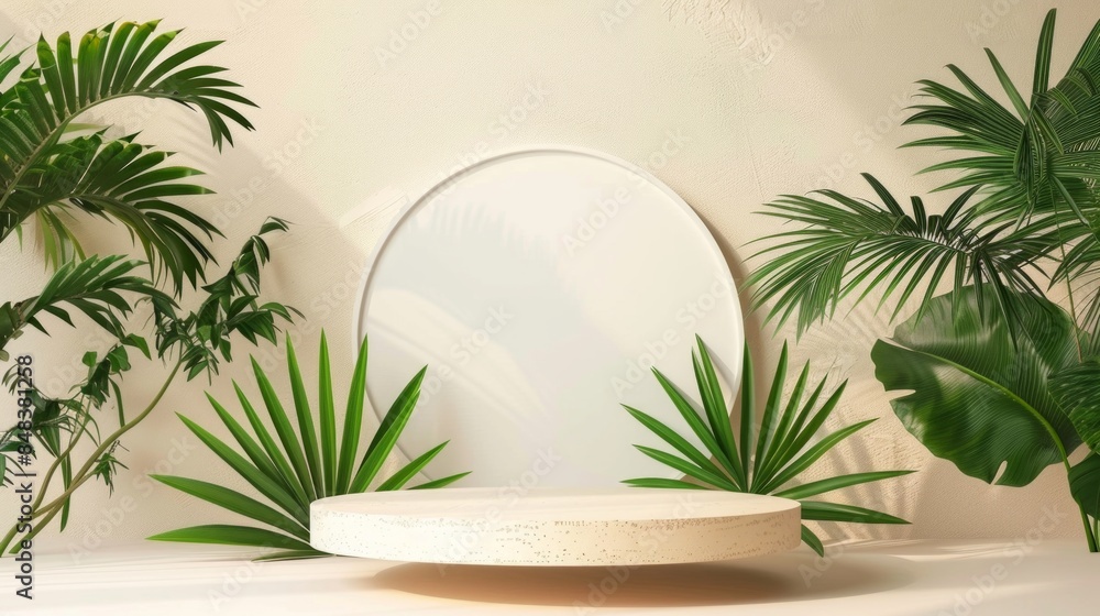Product display podium for natural product. Empty scene mock up with tropical leaves Product display podium for natural product. Empty scene mock up with tropical leaves