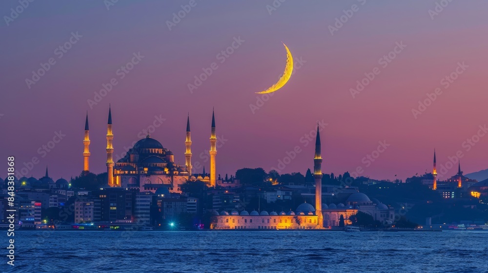 Fototapeta premium New moon over historical Eminonu peninsula at twilight, Istanbul - Turkey , Blue Mosque (Sultanahmet)