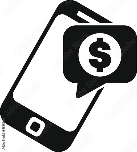 Black and white icon of a smartphone showing a speech bubble containing a dollar sign