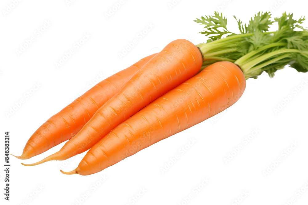 Fresh organic carrots with green tops on white background. Healthy, nutritious vegetable perfect for cooking, salads, and juicing. Fresh organic carrots with green tops on white background. Healthy, nutritious vegetable perfect for cooking, salads, and juicing.