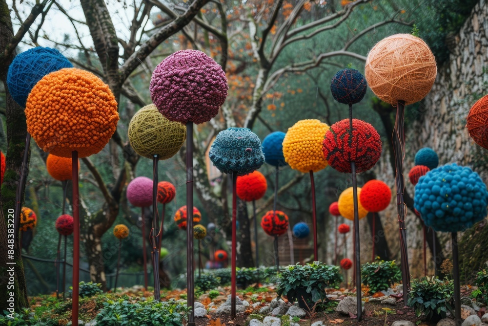 Obraz premium Huge balls of wool in the forest, concept of knitting and needlework