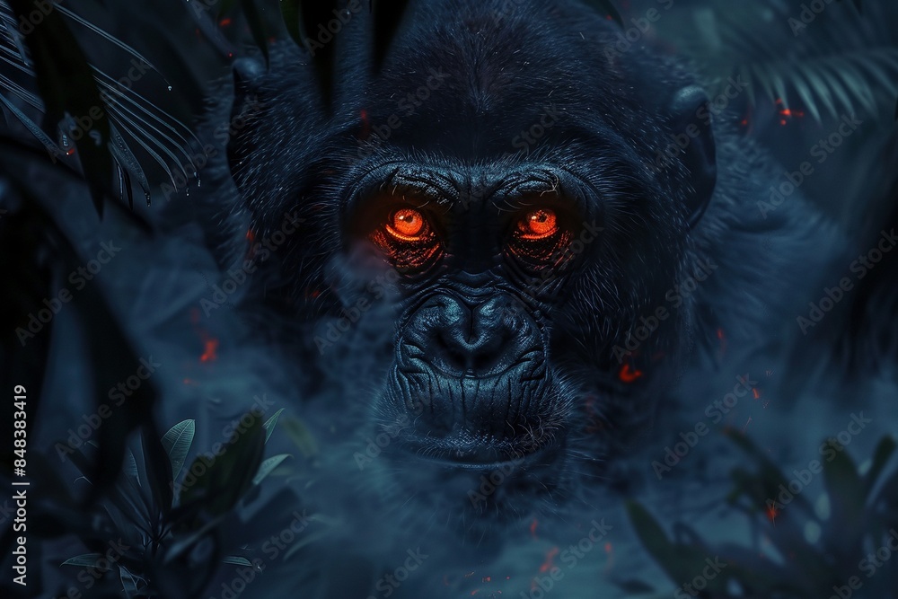 A comic book-style close-up of a ferocious monkey, its glowing red eyes contrasting with the dark jungle background illuminated by otherworldly glowing plants. A comic book-style close-up of a ferocious monkey, its glowing red eyes contrasting with the dark jungle background illuminated by otherworldly glowing plants.