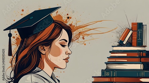 Illustration of overwhelmed grad. Weary student hunched over books, burdened by the pressure of postgraduate studies.