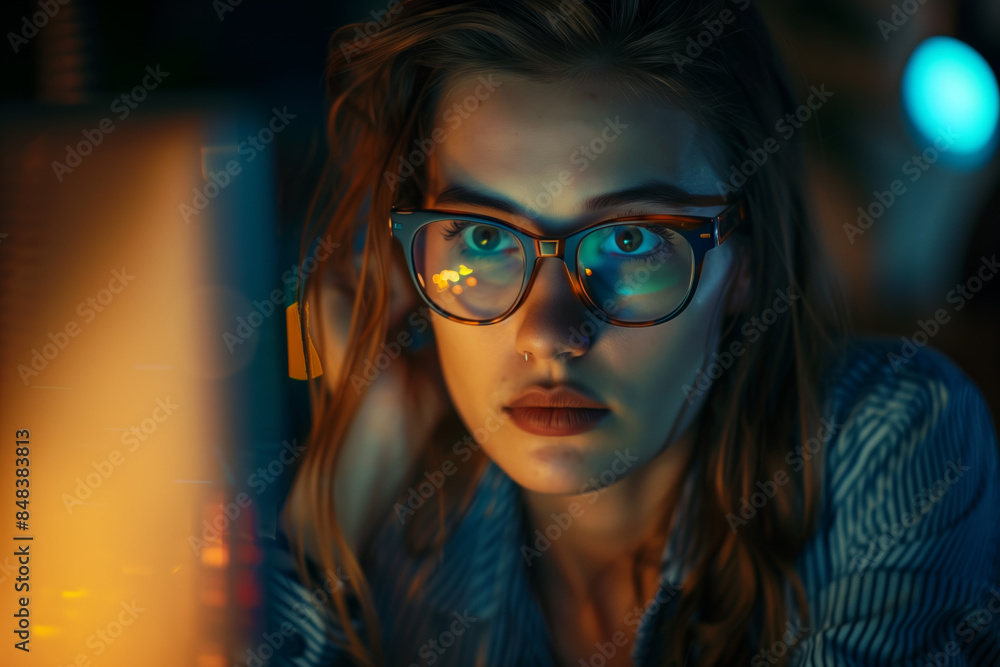 A young woman with glasses works intently on her computer late at night. The scene is lit with a soft, warm glow, highlighting her concentration and dedication A young woman with glasses works intently on her computer late at night. The scene is lit with a soft, warm glow, highlighting her concentration and dedication