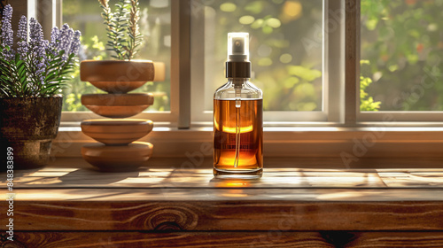 Face serum spray bottle with an orange liquid standing on a wooden shelf next to flowers pots, window view.