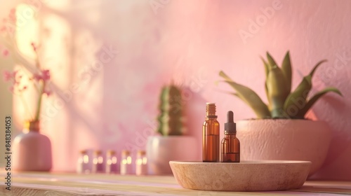 Two glass bottles with essential oils on a wooden plate with cacti and flowers in the background