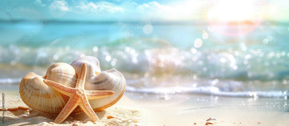 Sea shell heart and starfish on sandy beach against summer backdrop. Sea shell heart and starfish on sandy beach against summer backdrop.