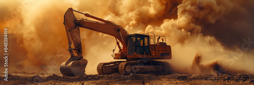 Excavator on Sand with Warm Tone Wide Shot photo