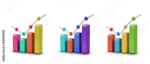 Set of colored bar charts in 3D style. Vector templates for concepts of analytics, statistics