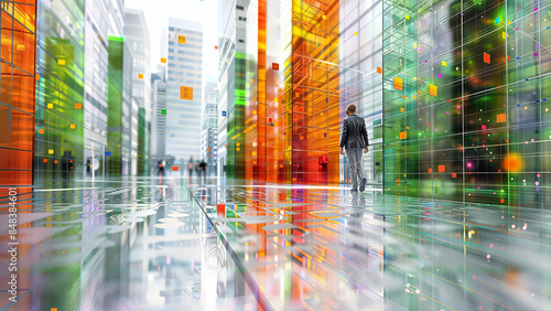 Futuristic city streets with colorful transparent glass office buildings, rain puddle reflections, a lone pedestrian figure on illuminated wet urban walkway.