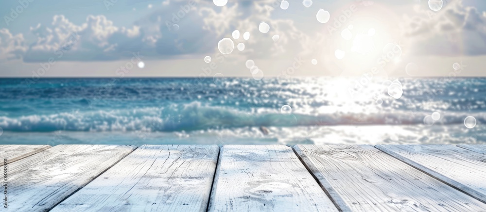 Background of white wooden table with blurred blue sky and sea and bokeh light Background of white wooden table with blurred blue sky and sea and bokeh light