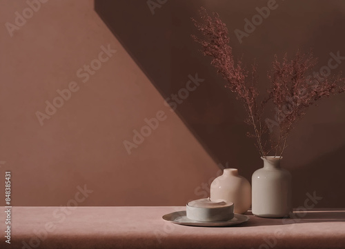 A still life image of two vases and a plate with a candle on a table against a brown background.