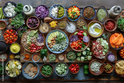 A table full of bowls of various vegetables and fruits. The bowls are arranged in a way that they look like a buffet