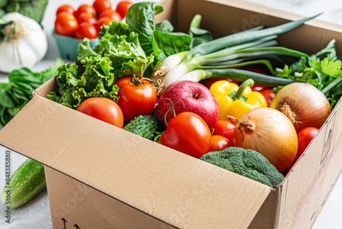 cardboard box with food. vegetables and fruits in a cardboard box. food delivery and food bank concept