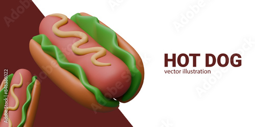 Vector composition with hot dogs in 3D style. Fast food advertising concept