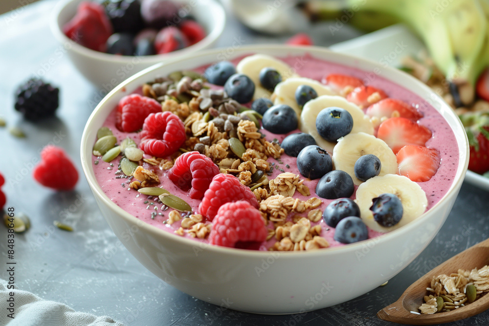 A bowl of fruit with raspberries, blueberries, bananas, and granola. The bowl is white and is placed on a counter A bowl of fruit with raspberries, blueberries, bananas, and granola. The bowl is white and is placed on a counter
