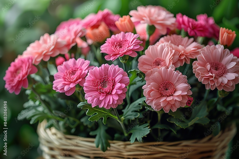 Obraz premium A basket full of pink flowers with green stems