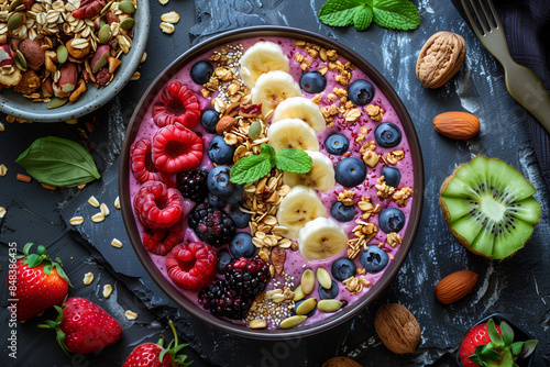 A bowl of fruit with raspberries, blueberries, bananas, and granola. The bowl is white and is placed on a counter