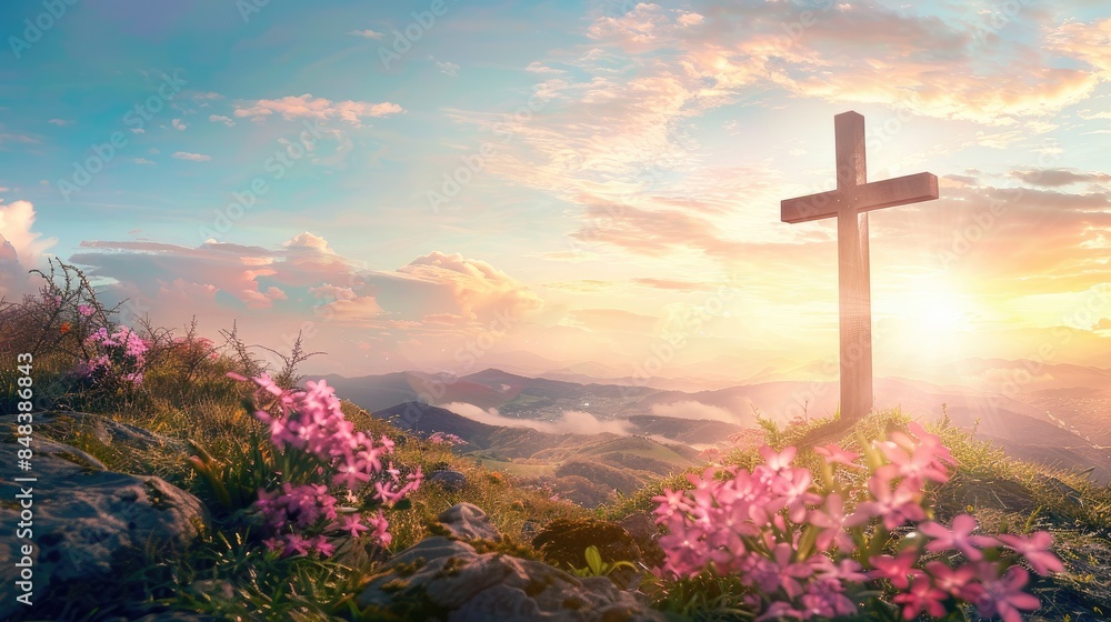 A cross on the hill with a beautiful sunset sky, spring flowers and grass, the Christian cross symbolizing Jesus Christ in nature. A cross on the hill with a beautiful sunset sky, spring flowers and grass, the Christian cross symbolizing Jesus Christ in nature.