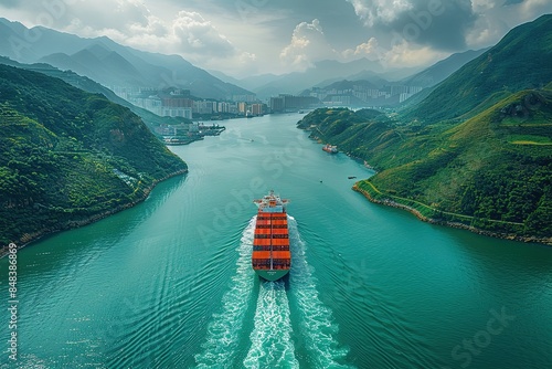 A large red ship is traveling down a river