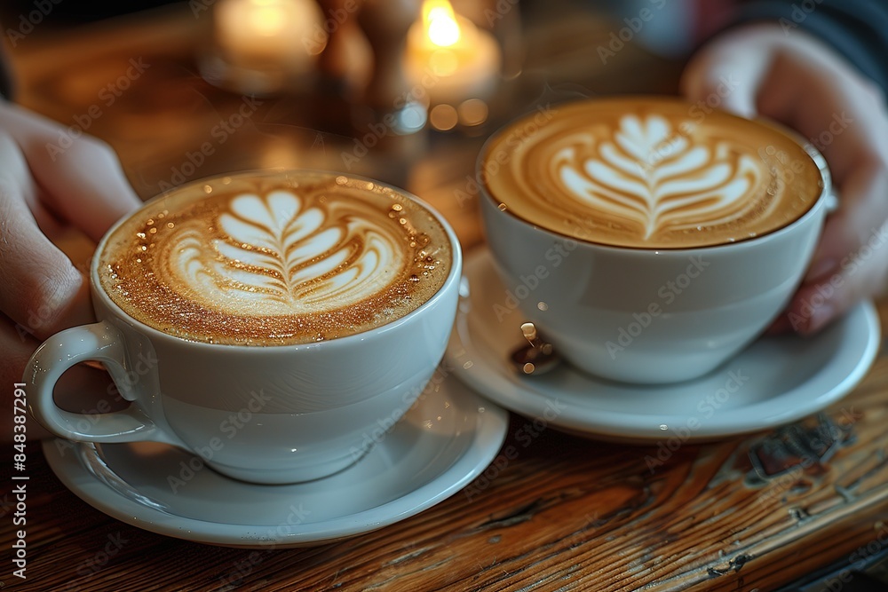 Two cups of coffee with a leaf design on top Two cups of coffee with a leaf design on top
