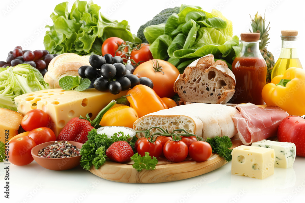 A variety of fruits and vegetables are displayed on a wooden cutting board. Concept of abundance and freshness, as the colorful produce is arranged in a visually appealing manner A variety of fruits and vegetables are displayed on a wooden cutting board. Concept of abundance and freshness, as the colorful produce is arranged in a visually appealing manner