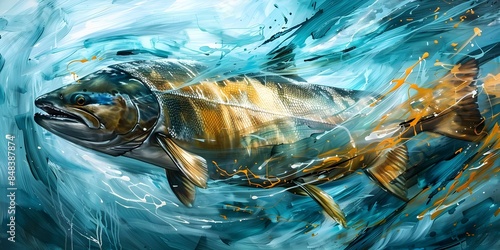 Chinook salmon swimming in the vivid blue river A vibrant painting. Concept Nature, Salmon, River, Wildlife, Painting photo