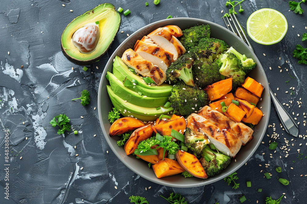 A bowl of food with chicken, broccoli, and carrots. The bowl is on a gray surface A bowl of food with chicken, broccoli, and carrots. The bowl is on a gray surface