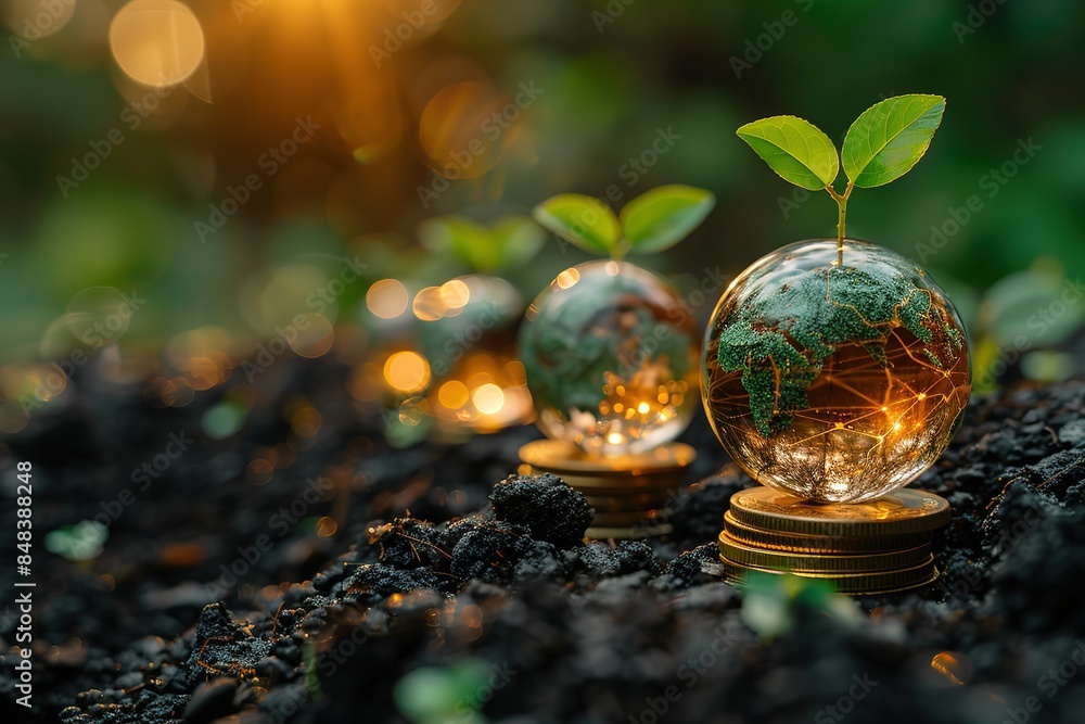 Three small glass balls with a plant inside and a few coins on top