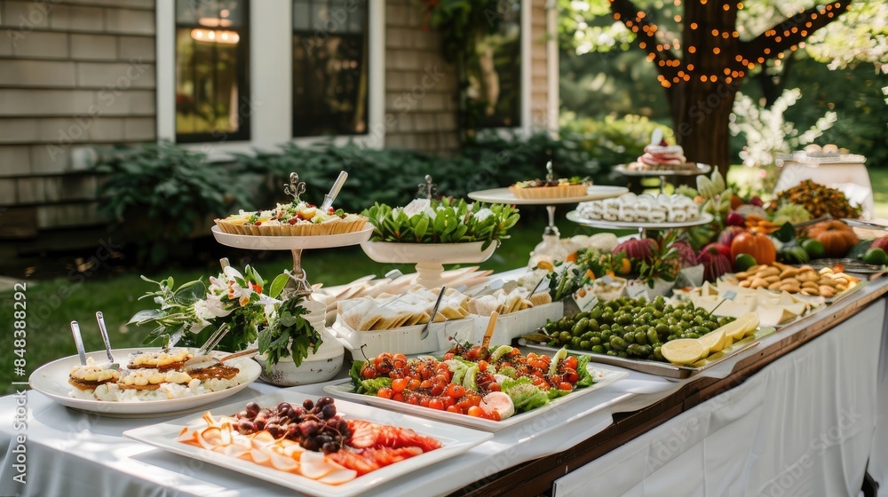 Outdoor wedding reception with gourmet food display. Beautifully presented appetizers, entrees, and desserts