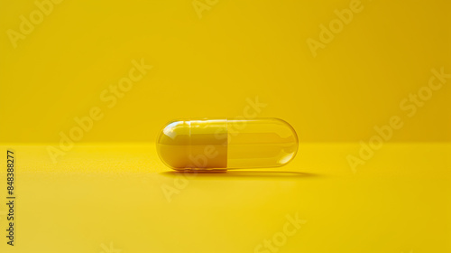 O comprimido é uma cápsula com fundo amarelo. O conceito de medicina. vitaminas, suplementos dietéticos para humanos, manutenção da imunidade e saúde photo