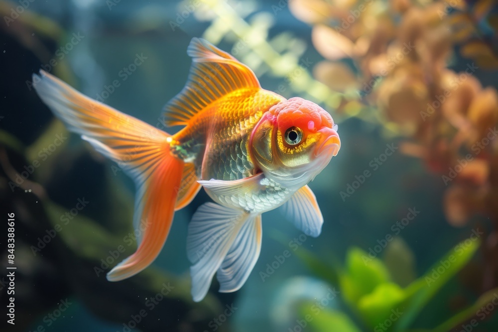 Goldfish in aquarium with aquatic plants background