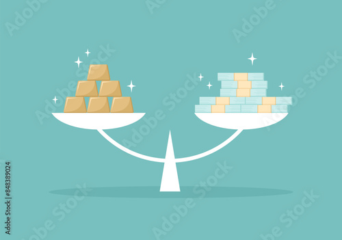 Gold bars and wads of money on scales on a green background. Flat vector illustration