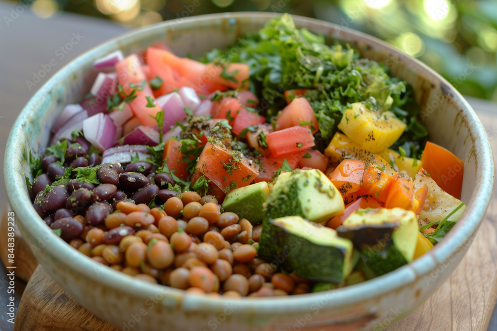 A bowl of food with a variety of vegetables and beans. The bowl is white and is placed on a marble counter A bowl of food with a variety of vegetables and beans. The bowl is white and is placed on a marble counter