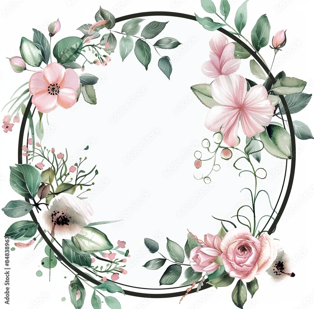 Fototapeta premium Watercolor black circle frame with green leaves and pink roses 