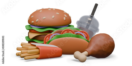 Fast food concept for commercial web design. Group of dishes and drinks on white background