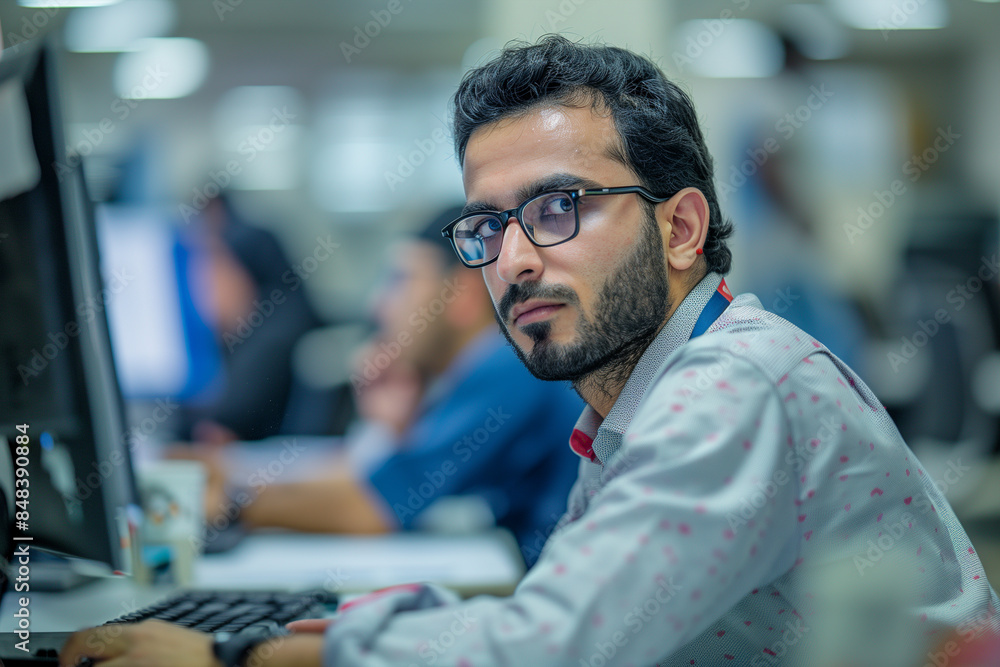 Focused Employee Working on Computer in Modern Office Focused Employee Working on Computer in Modern Office