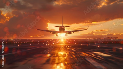 The plane rises from the airport, at sunset