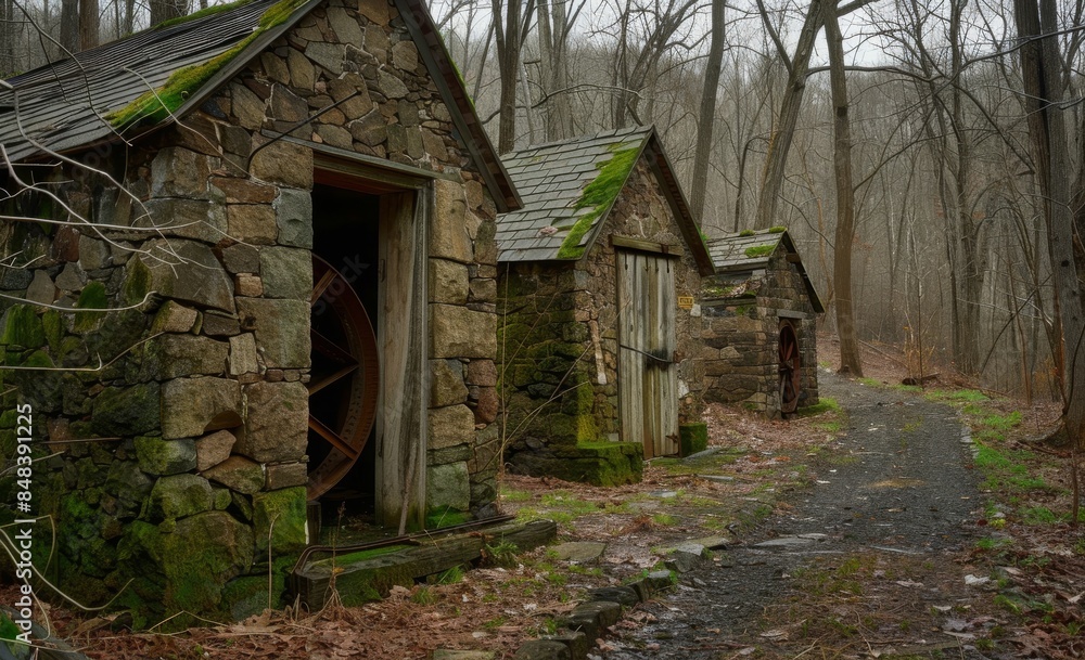 Two abandoned stone and brick outhouses in the woods next to each other, one with its wooden door open showing an old water mill wheel inside, moss on the walls, a forest path leading up to them Two abandoned stone and brick outhouses in the woods next to each other, one with its wooden door open showing an old water mill wheel inside, moss on the walls, a forest path leading up to them