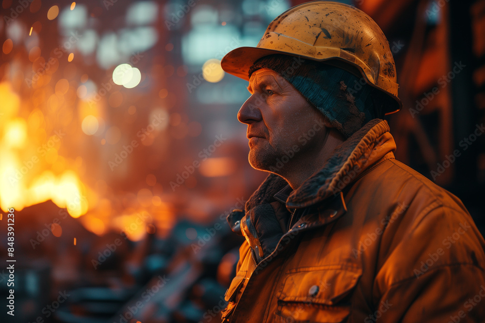 Metallurgist Observing Molten Metal in Industrial Plant Metallurgist Observing Molten Metal in Industrial Plant