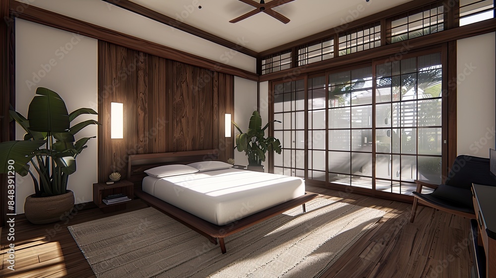 a simple wooden bed dressed in white linen, adorned with planters and plants on a jute rug, showcasing minimalistic interior design in a modern bedroom. a simple wooden bed dressed in white linen, adorned with planters and plants on a jute rug, showcasing minimalistic interior design in a modern bedroom.