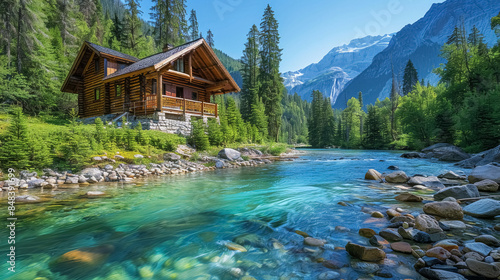 Secluded wooden house on shore of mountain river with crystal clear water, green forest, rocky, high mountains, stunning natural landscapes of wilderness on wonderful sunny day photo