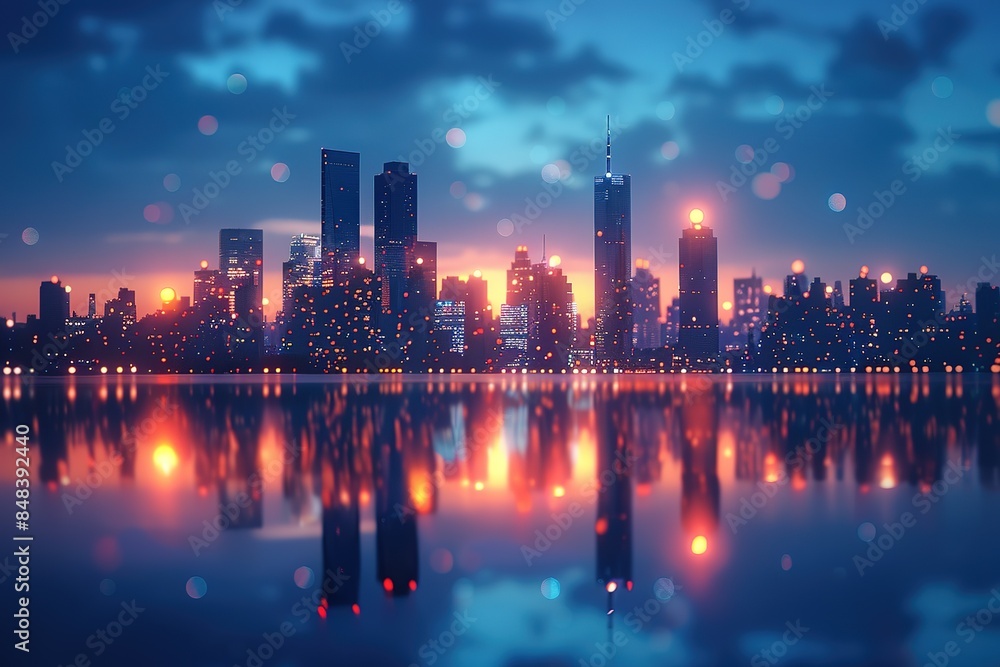 A city skyline is reflected in the water, with the sun setting in the background A city skyline is reflected in the water, with the sun setting in the background