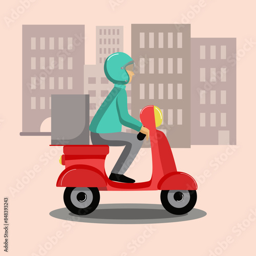 Pizza delivery guy, courier on a scooter. A man in a helmet rides a scooter. Delivery of food and goods. Transport, city, houses. Vector illustration, background isolated.